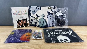 Halloween Decor - Welcome Banner, Flags, Black Spiders, Straw Covers, Table Runner 72, Etc. - Brand New