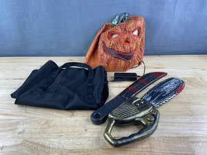 Halloween Costume - Light-Up Pumpkin Mask, Apron, Chainsaw & Plastic Knife - Brand New