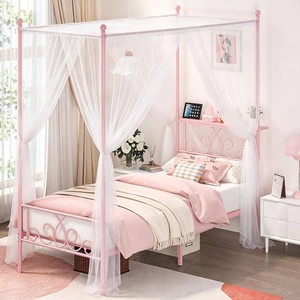 Weehom Pink Twin Metal Canopy Bed Frame with Storage Headboard