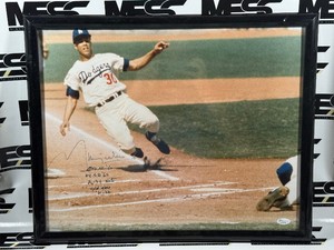 Maury Wills Autograph and Healivy Inscribed w JSA Authenticity Framed Los Angeles Dodgers Baseball Photo