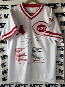Pete Rose Autograph w heavy Inscriptions Hit King Charlie Hustle #4256 Cincinnate Reds Stat Baseball Jersey