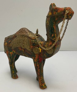 Hand -Carved Wood And Brass Tin Camel Figurine 8.5 x 9