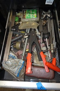 Contents of Drawer - Square Ruler, Rivet Gun