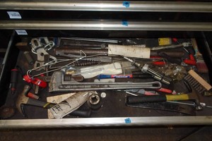 Contents of Drawer - Aluminum Pipe Wrench, Hone, Hammers