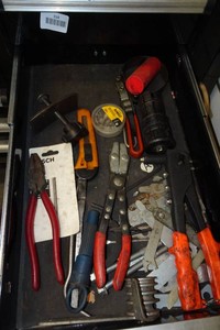 Contents of Drawer - Pliers, Hone, Rivet Gun
