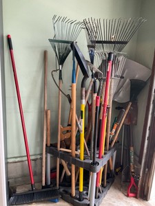 Lot of Outdoor Garden Tools and Storage Rack