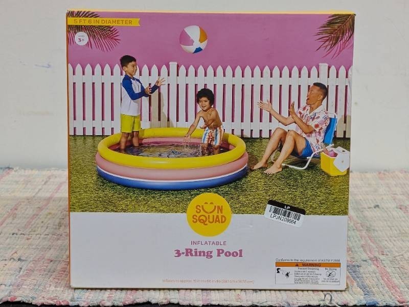 10.63 x 4.13 x 15 3 Ring Pool 105 gal Round Kiddie Pool - YellowPinkNavy - Sun Squad PVC Inflatable for Kids