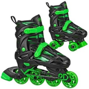 Roller Derby Green Wire Kids Adjustable Inline-Quad Combo Skates - BlackGreen S (12-2) IndoorOutdoor Use, Adjustable Size, Padded Collar