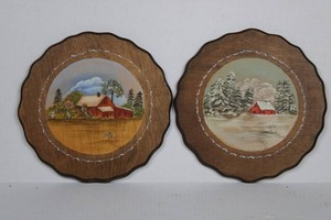 Hand-Painted Farmhouse Scene Wood Wall Plaques (Lot of 2)