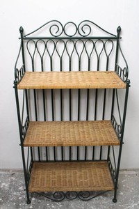 Three-Tier Wrought Metal and Wicker Shelving Unit