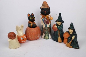 Halloween Cat, Witch, Ghost & Pumpkin Decorations (Lot of 6)