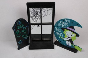 Halloween Tabletop Decor Mixed Lot - Spiderweb Window, Tombstone & Witch Sign