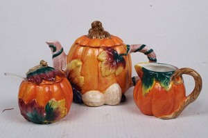 Pumpkin Ceramic Tea Set - Teapot, Creamer & Sugar Bowl (Lot of 3)