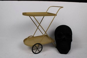 Decorative Metal Bar Cart & Skull