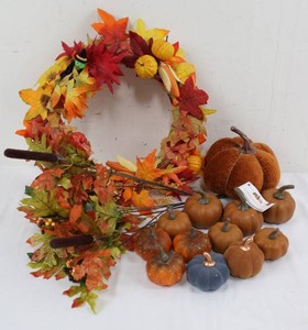 Fall Decor Mixed Lot - Autumn Wreath, Foliage & Decorative Pumpkins