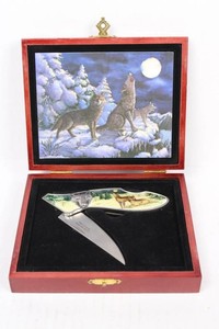 Wildlife Wolf and Fox Decorative Folding Knife in Display Box