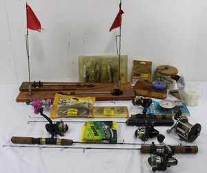 Fishing Gear Mixed Lot - 2 Tip-Ups, Rods, Reels & Tackle