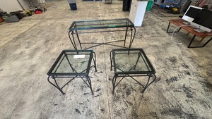 Set of 3 Iron and Glass Table (sofa table and 2 end tables)