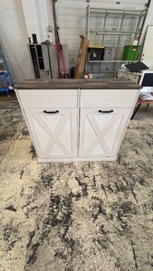 Farmhouse style tilt out trash and recycling cabinet
