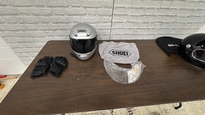 Shoei Motorcycle Helmet with bag, Gloves, and replacement screen