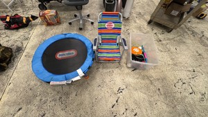 Little Tikes Trampoline, Kids Tommy Bahama Beach Chair, Tote of Misc Toys
