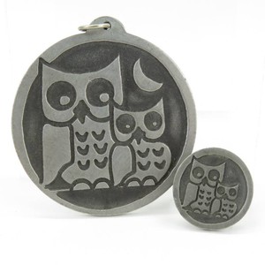 Vintage MCM Jorgen Jensen Pewter Pendant & Ring Set Baby Owl Crescent Moon