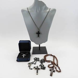 Grouping of 4 Vintage Religious Cross & Rosary Necklaces- Including Sterling Silver & Onyx