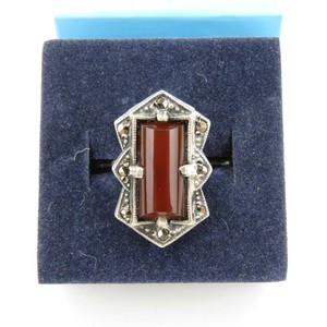 Antique Victorian Carnelian Marcasite Sterling Silver Womens Ring-4.345g