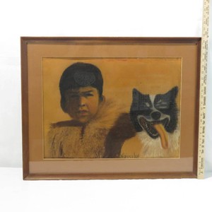 Rare Signed Moses Uksook Wassilie Pastel on Paper Framed Alaskan Artist Boy wDog