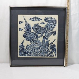 Framed & Matted Vintage Thai Temple Rubbing on Rice Paper Mythological FiguresWarriors Blue Ink