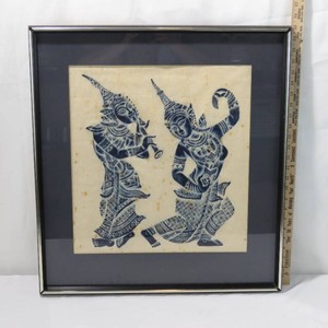 Framed & Matted Vintage Thai Temple Rubbing on Rice Paper Mythological FiguresWarriors Blue Ink