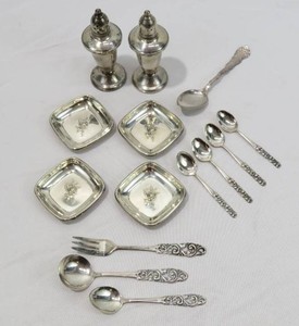 Grouping of Sterling Silver Square Dishes, Weighted Shakers, Sterling & 830 Marked Spoons
