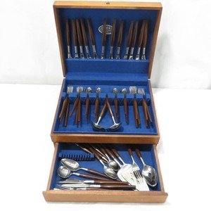 Vintage 54pc MCM Canoe Muffin Japan Stainless Faux Wood Rounded FlatwareServing Pieces