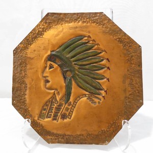 Vintage Octagonal Embossed Copper-Tone Metal Wall Plaque Native American Chief