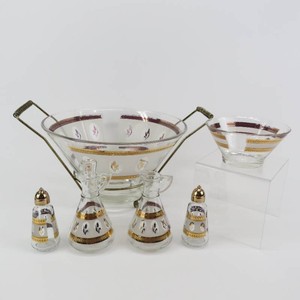 Vintage MCM Anchor Hocking Clear Glass Gold Leaf Pattern Salad Bowl, SaltPepper More