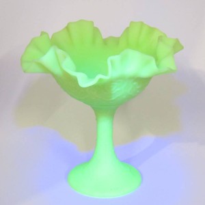 Vintage Fenton Satin Lime Green Vaseline-Persian Medallion-Ruffled Compote