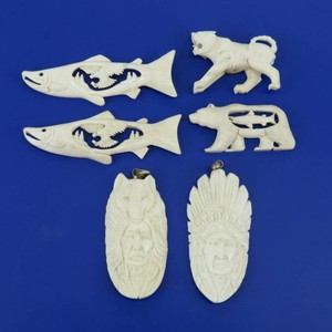 Vintage Bone Carved Pendants and Figurines Native American Eagle, Fish, Bear