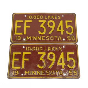 Vintage Set of 1955 Maroon Red Minnesota License Plates