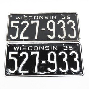 Set of Vintage 1935 Black Wisconsin License Plates