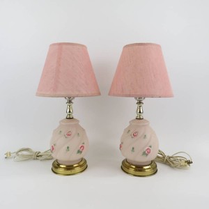 Set of 2 Vintage Sweet Boudoir Pink Ribbed Glass Rose Painted Vanity Lamps