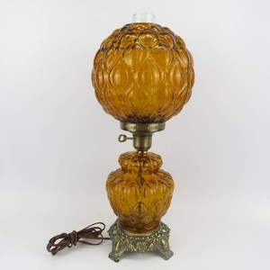 Vintage Quilted Amber Glass Hurricane Globe Lamp Cast Metal Base-Needs Rewire