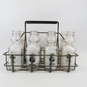 Grouping of 8 Vintage Advertising Marigold Dairies Milk Bottles wMetal Carrier