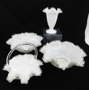 Grouping of 4 Vintage Fenton Silver Crest Ruffled Milk Glass Pieces