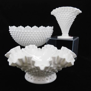 Grouping of 3 Vintage Fenton Hobnail Milk Glass Pieces