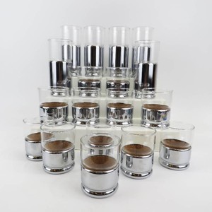 Grouping of 18 Vintage MCM Hellerware CocktailLowball Drinking Glasses Cork LinerPolished Chrome