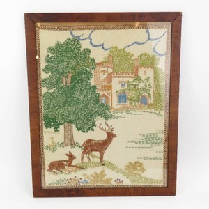 Vintage 1930s Hand Cross Stitched Deer Scene Framed