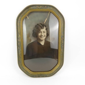Antique Photo wAntique Curved, Convex Bubble Glass Framed Smiling Woman