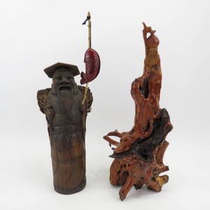 Vintage Hand-Carved Chinese Wood Sculptures Wise man Fisherman Bamboo & God of Longevity Carving
