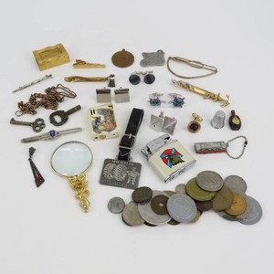 Junk Drawer Lot- Lighters, Pins, Fobs, Matchbox, Tokens & More