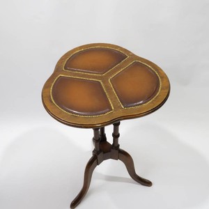 Vintage Mahogany Cloverleaf Occasional Side Table Leather Wrap TripodPedestal Base